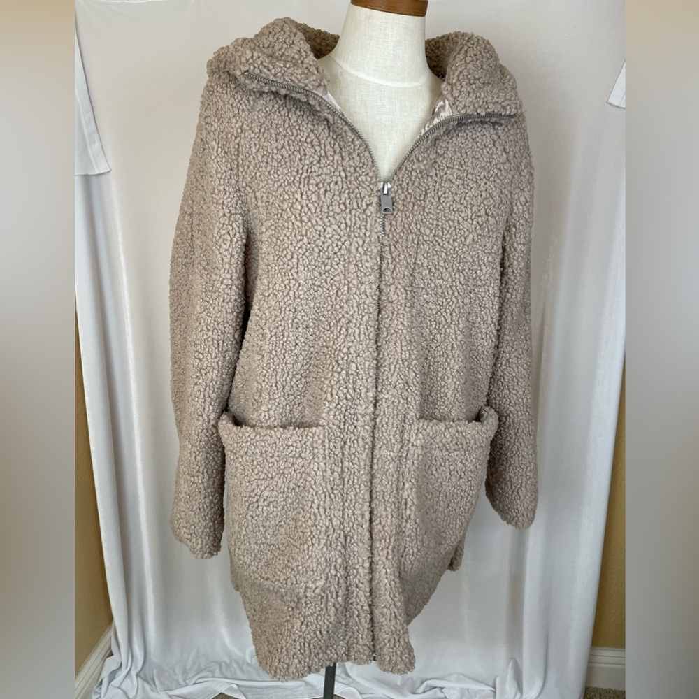 Andrew Marc Taupe Teddy Sherpa Zip-Front Coat